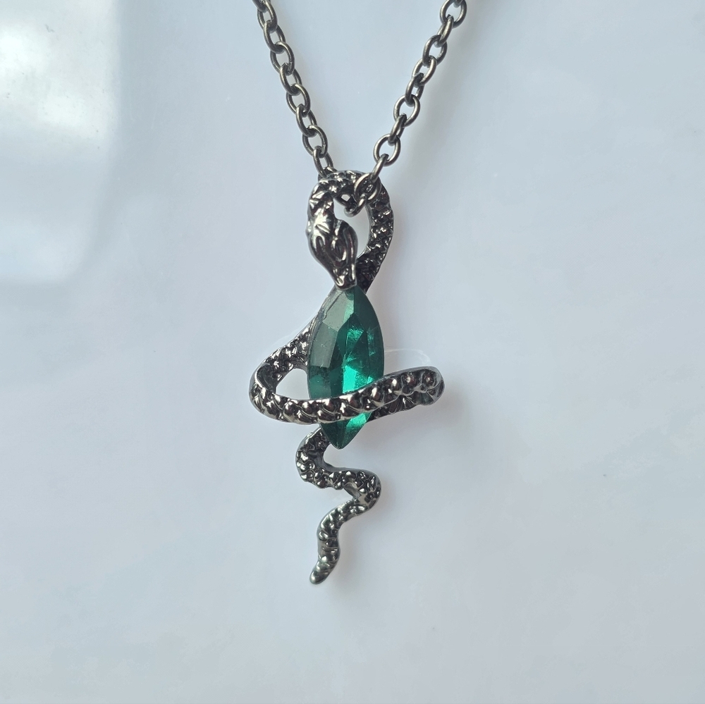 Stainless Steel Snake Pendant with Green Cubic Zirconia